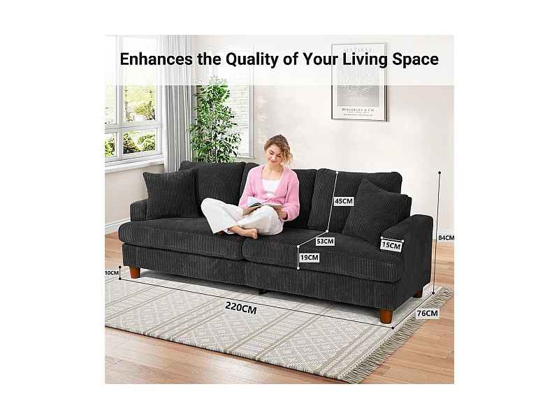 Canapé 3 Places en Velours Côtelé, avec 2 Oreiller, sièges extra profonds de 53cm, 220x76x84cm, Noir