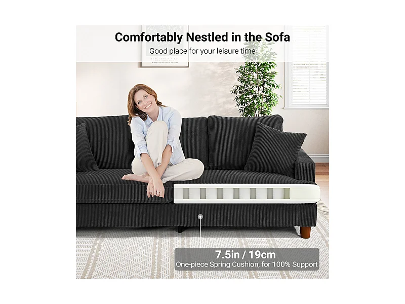 Canapé 3 Places en Velours Côtelé, avec 2 Oreiller, sièges extra profonds de 53cm, 220x76x84cm, Noir