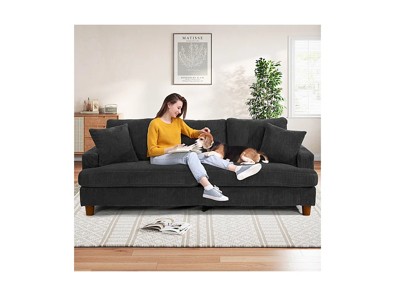 Canapé 3 Places en Velours Côtelé, avec 2 Oreiller, sièges extra profonds de 53cm, 220x76x84cm, Noir