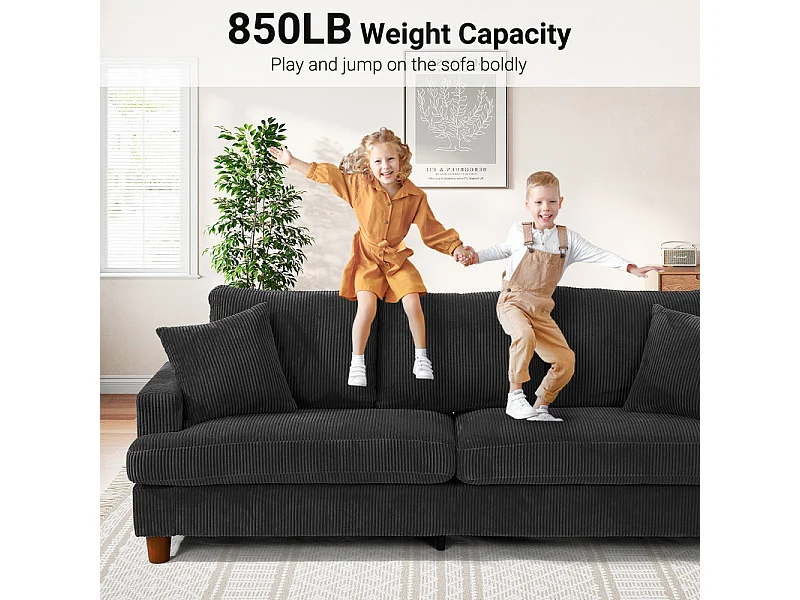 Canapé 3 Places en Velours Côtelé, avec 2 Oreiller, sièges extra profonds de 53cm, 220x76x84cm, Noir