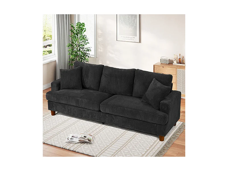 Canapé 3 Places en Velours Côtelé, avec 2 Oreiller, sièges extra profonds de 53cm, 220x76x84cm, Noir