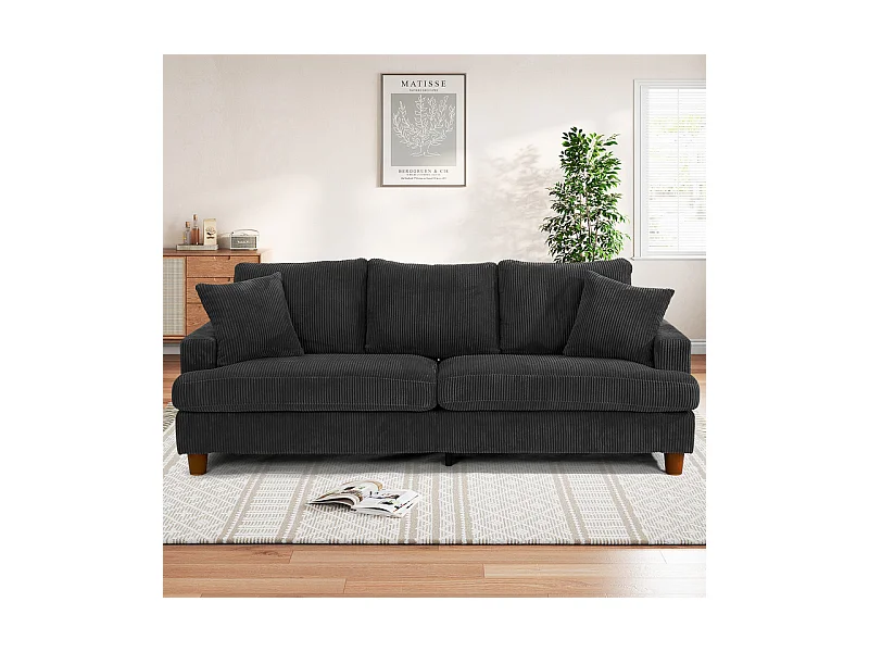 Canapé 3 Places en Velours Côtelé, avec 2 Oreiller, sièges extra profonds de 53cm, 220x76x84cm, Noir