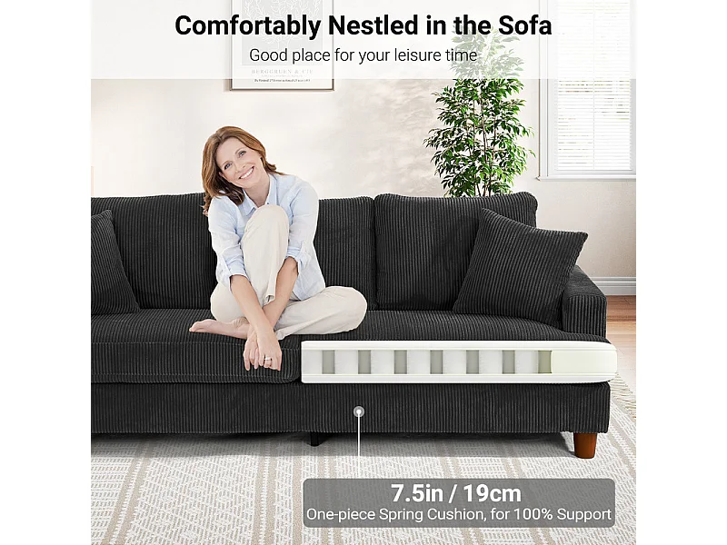 Canapé 3 Places en Velours Côtelé, avec 2 Oreiller, sièges extra profonds de 53cm, 220x76x84cm, Noir