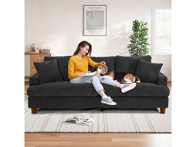 Canapé 3 Places en Velours Côtelé, avec 2 Oreiller, sièges extra profonds de 53cm, 220x76x84cm, Noir