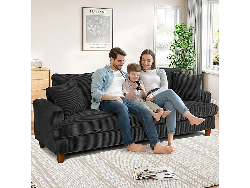 Canapé 3 Places en Velours Côtelé, avec 2 Oreiller, sièges extra profonds de 53cm, 220x76x84cm, Noir