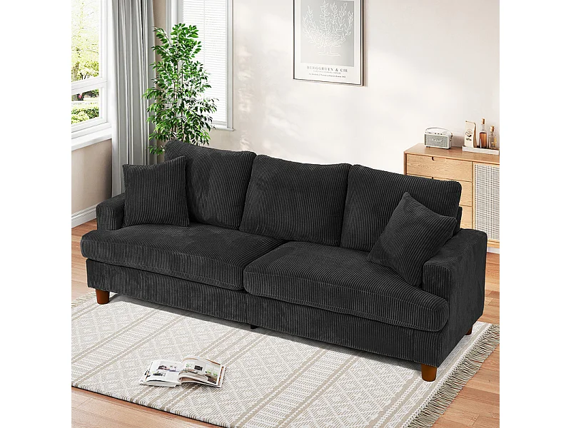 Canapé 3 Places en Velours Côtelé, avec 2 Oreiller, sièges extra profonds de 53cm, 220x76x84cm, Noir