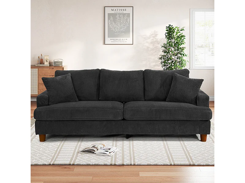 Canapé 3 Places en Velours Côtelé, avec 2 Oreiller, sièges extra profonds de 53cm, 220x76x84cm, Noir