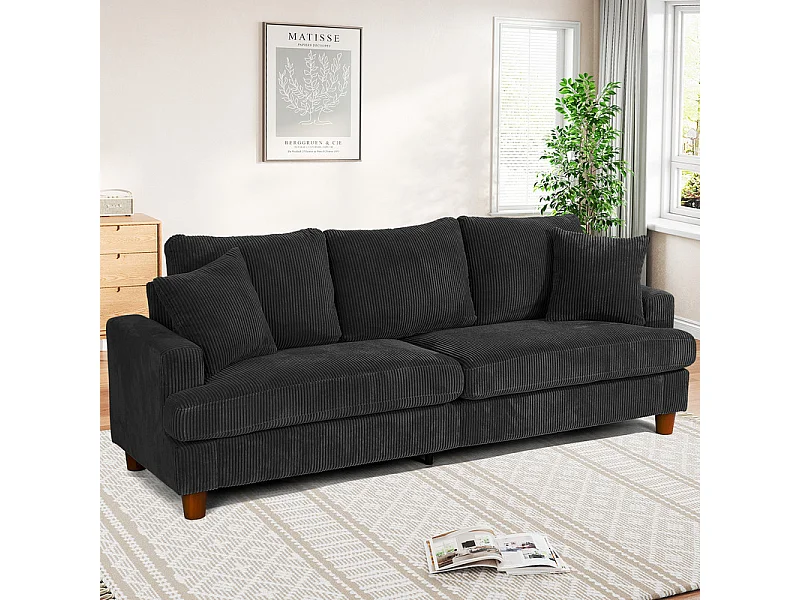 Canapé 3 Places en Velours Côtelé, avec 2 Oreiller, sièges extra profonds de 53cm, 220x76x84cm, Noir