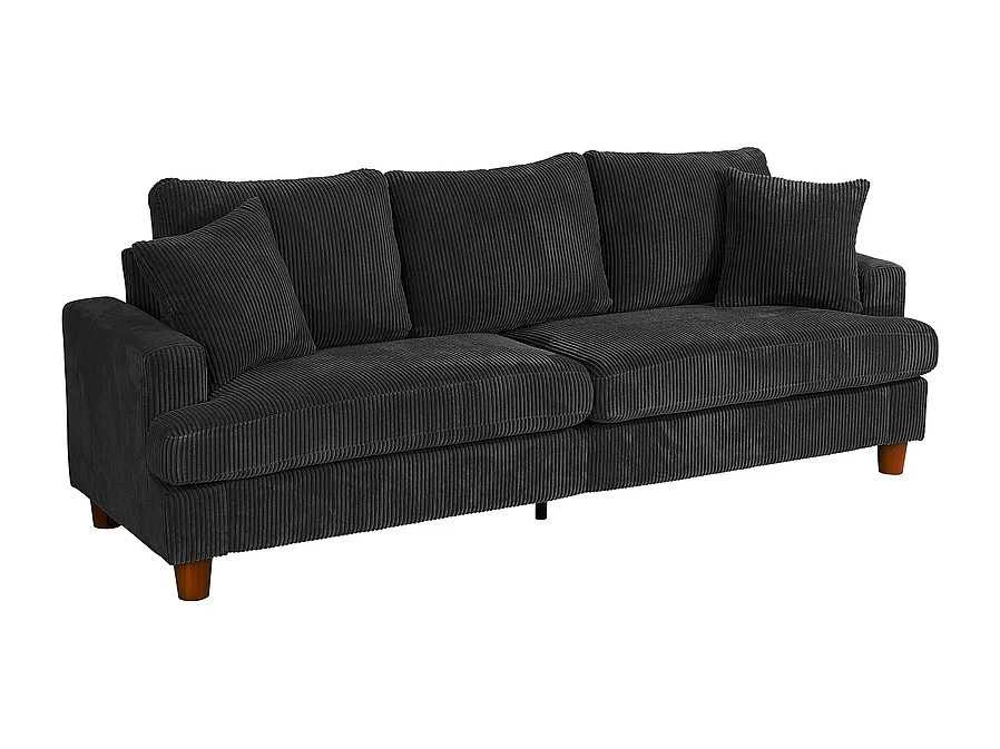 Canapé 3 Places en Velours Côtelé, avec 2 Oreiller, sièges extra profonds de 53cm, 220x76x84cm, Noir