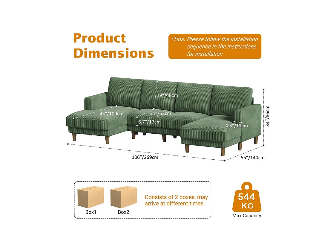 Grand canapé d'angle panoramique - 4 places - méridienne 109cm - en velours côtelé - 269x140x86 - Vert