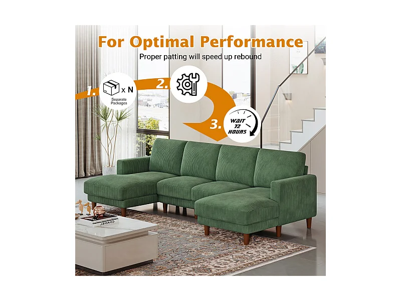 Grand canapé d'angle panoramique - 4 places - méridienne 109cm - en velours côtelé - 269x140x86 - Vert