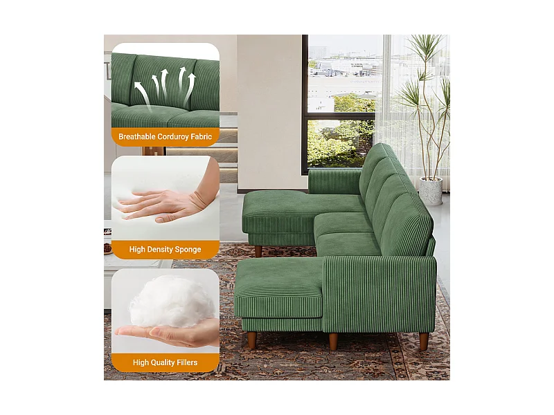 Grand canapé d'angle panoramique - 4 places - méridienne 109cm - en velours côtelé - 269x140x86 - Vert