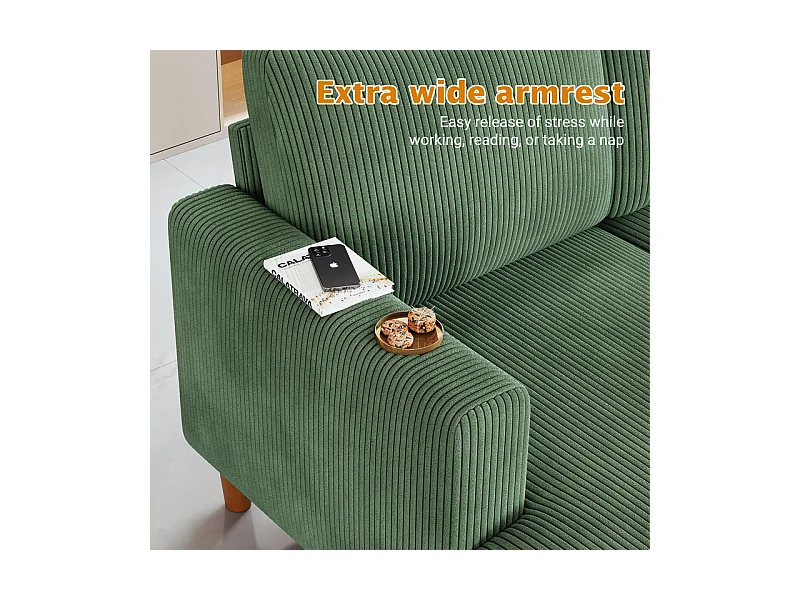 Grand canapé d'angle panoramique - 4 places - méridienne 109cm - en velours côtelé - 269x140x86 - Vert