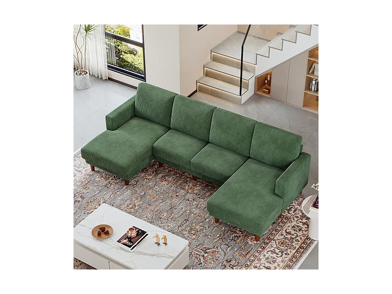 Grand canapé d'angle panoramique - 4 places - méridienne 109cm - en velours côtelé - 269x140x86 - Vert