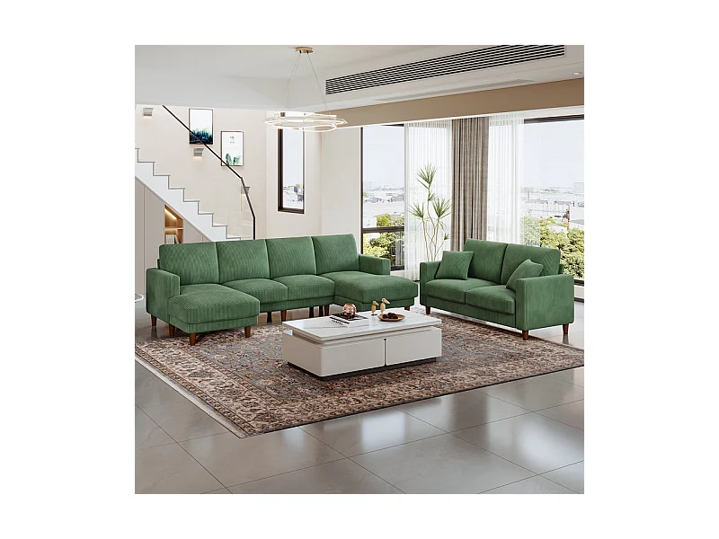 Grand canapé d'angle panoramique - 4 places - méridienne 109cm - en velours côtelé - 269x140x86 - Vert