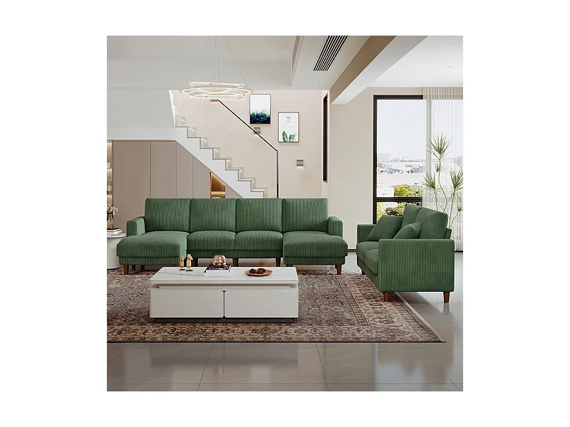 Grand canapé d'angle panoramique - 4 places - méridienne 109cm - en velours côtelé - 269x140x86 - Vert