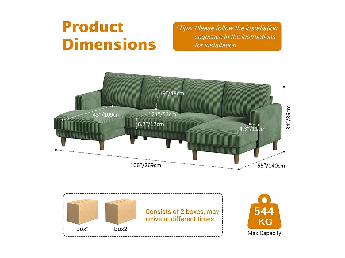 Grand canapé d'angle panoramique - 4 places - méridienne 109cm - en velours côtelé - 269x140x86 - Vert