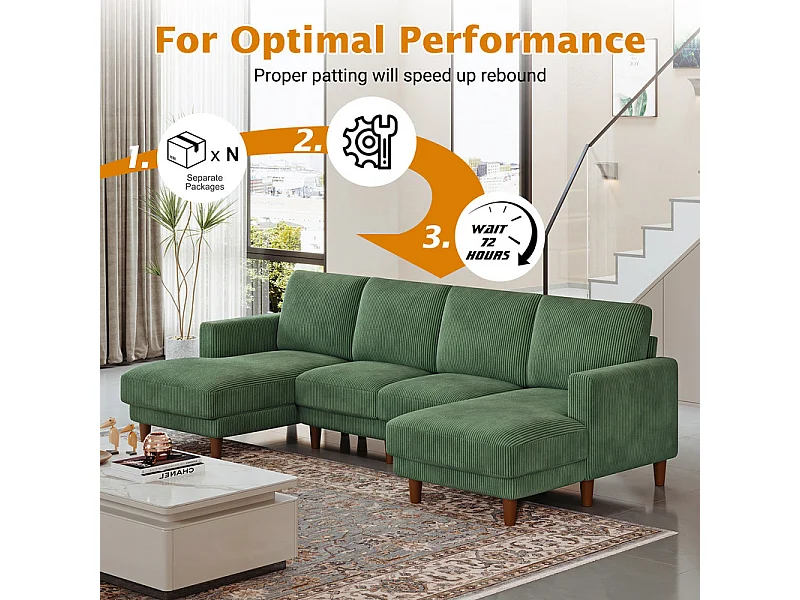 Grand canapé d'angle panoramique - 4 places - méridienne 109cm - en velours côtelé - 269x140x86 - Vert