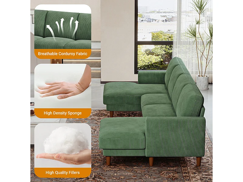 Grand canapé d'angle panoramique - 4 places - méridienne 109cm - en velours côtelé - 269x140x86 - Vert