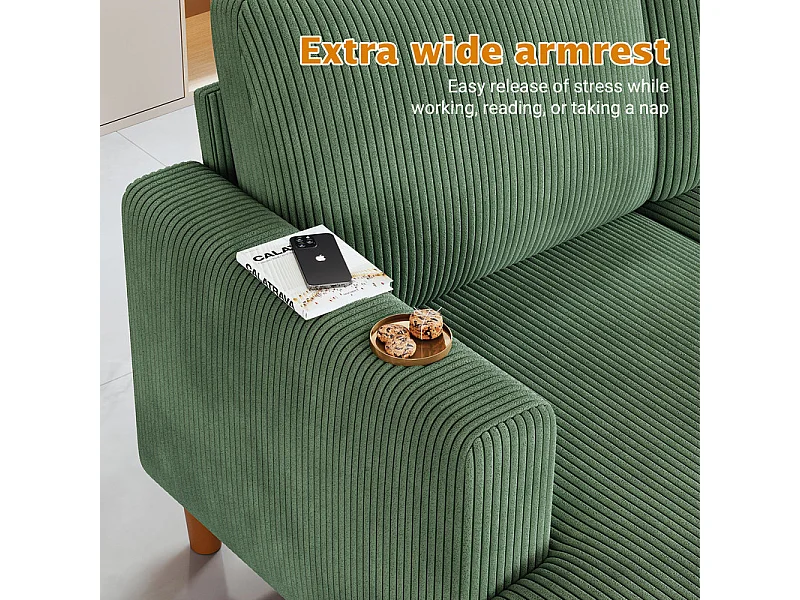 Grand canapé d'angle panoramique - 4 places - méridienne 109cm - en velours côtelé - 269x140x86 - Vert