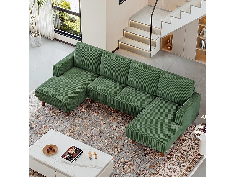 Grand canapé d'angle panoramique - 4 places - méridienne 109cm - en velours côtelé - 269x140x86 - Vert