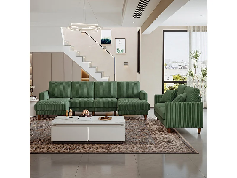 Grand canapé d'angle panoramique - 4 places - méridienne 109cm - en velours côtelé - 269x140x86 - Vert