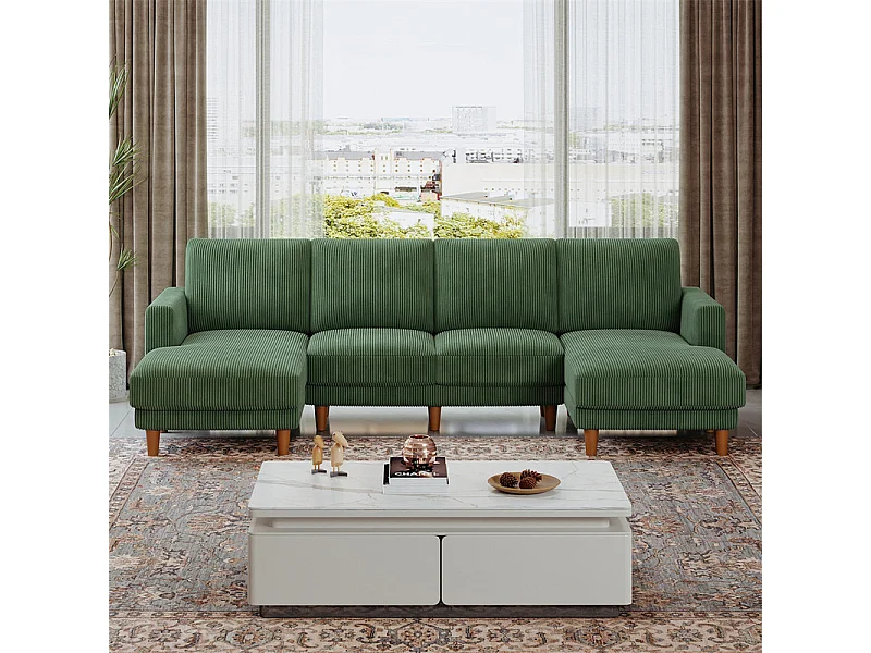 Gran sofá de esquina panorámico - 4 plazas - chaise longue 109cm - de pana - 269x140x86 - Verde