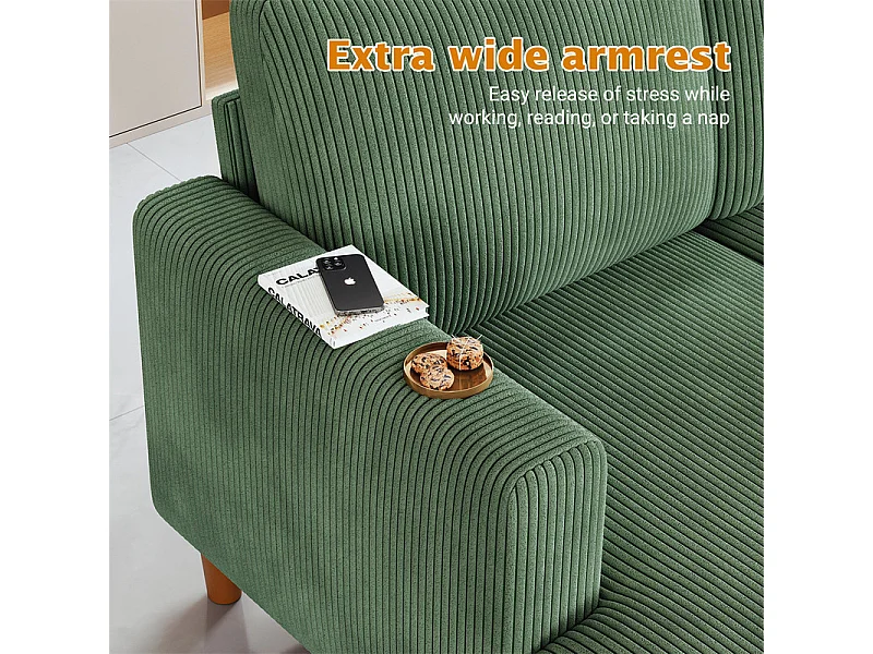 Gran sofá de esquina panorámico - 4 plazas - chaise longue 109cm - de pana - 269x140x86 - Verde