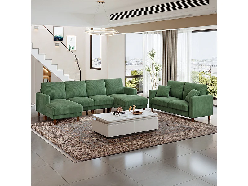 Gran sofá de esquina panorámico - 4 plazas - chaise longue 109cm - de pana - 269x140x86 - Verde