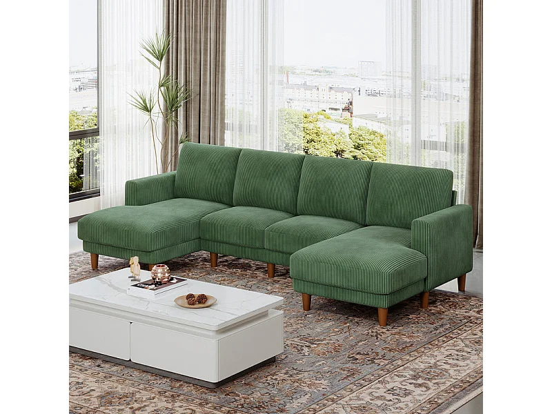 Grote panoramische hoekbank - 4-zits - chaise longue 109cm - van ribcord - 269x140x86 - Groen