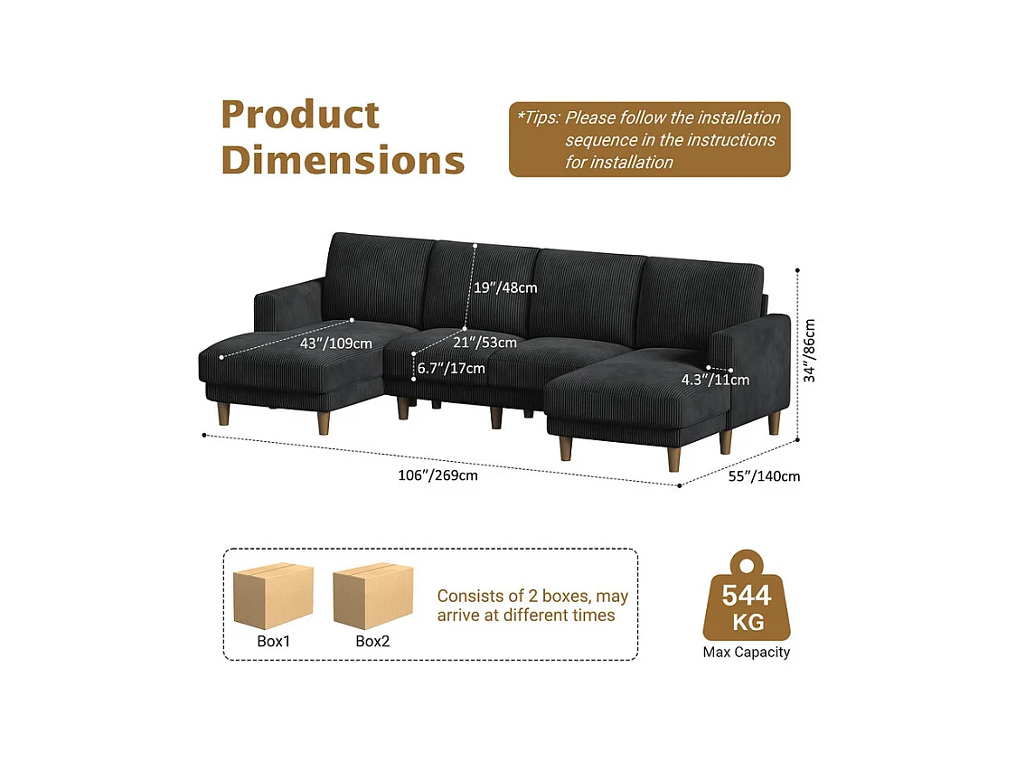 Grand canapé d'angle panoramique - 4 places - méridienne 109cm - en velours côtelé - 269x140x86 - Noir