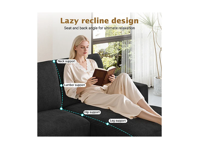 Grand canapé d'angle panoramique - 4 places - méridienne 109cm - en velours côtelé - 269x140x86 - Noir