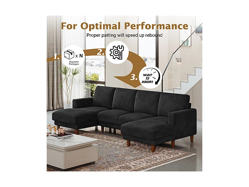 Grand canapé d'angle panoramique - 4 places - méridienne 109cm - en velours côtelé - 269x140x86 - Noir