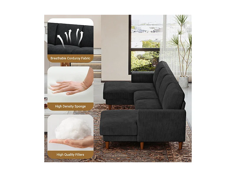 Grand canapé d'angle panoramique - 4 places - méridienne 109cm - en velours côtelé - 269x140x86 - Noir