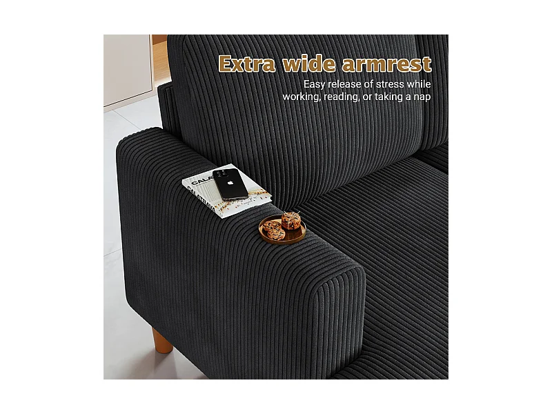 Grand canapé d'angle panoramique - 4 places - méridienne 109cm - en velours côtelé - 269x140x86 - Noir