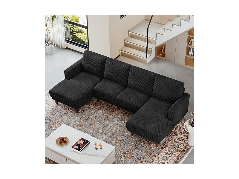 Grand canapé d'angle panoramique - 4 places - méridienne 109cm - en velours côtelé - 269x140x86 - Noir