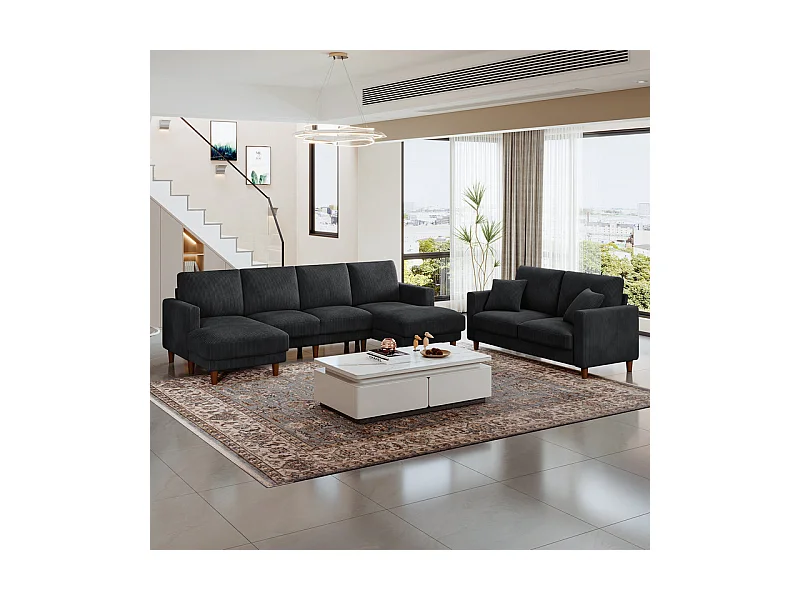 Grand canapé d'angle panoramique - 4 places - méridienne 109cm - en velours côtelé - 269x140x86 - Noir