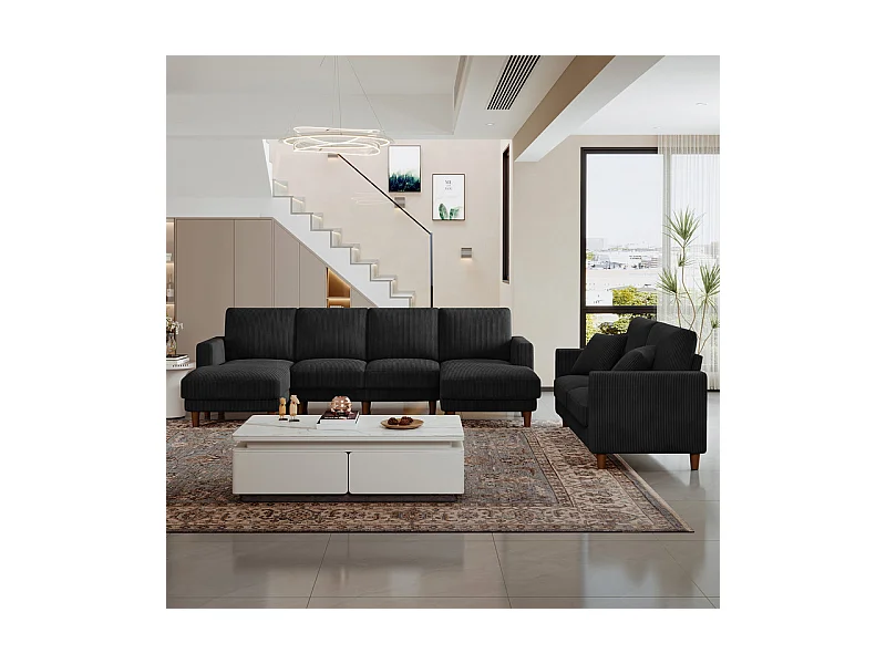 Grand canapé d'angle panoramique - 4 places - méridienne 109cm - en velours côtelé - 269x140x86 - Noir