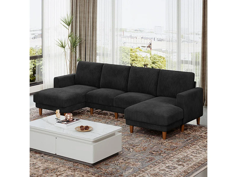 Gran sofá de esquina panorámico - 4 plazas - chaise longue 109cm - de pana - 269x140x86 - Negro