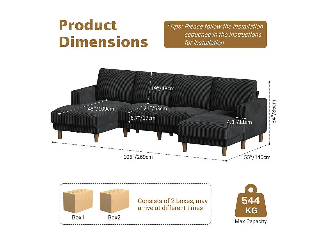 Gran sofá de esquina panorámico - 4 plazas - chaise longue 109cm - de pana - 269x140x86 - Negro