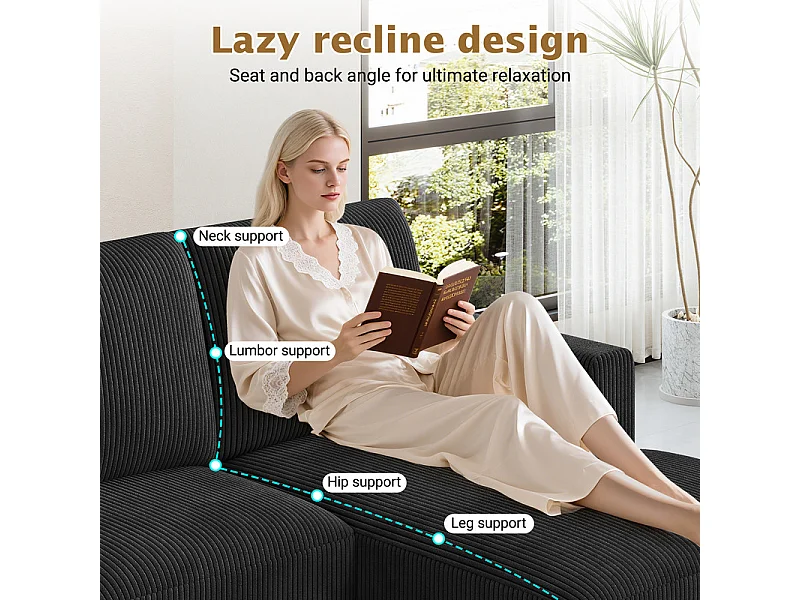 Gran sofá de esquina panorámico - 4 plazas - chaise longue 109cm - de pana - 269x140x86 - Negro