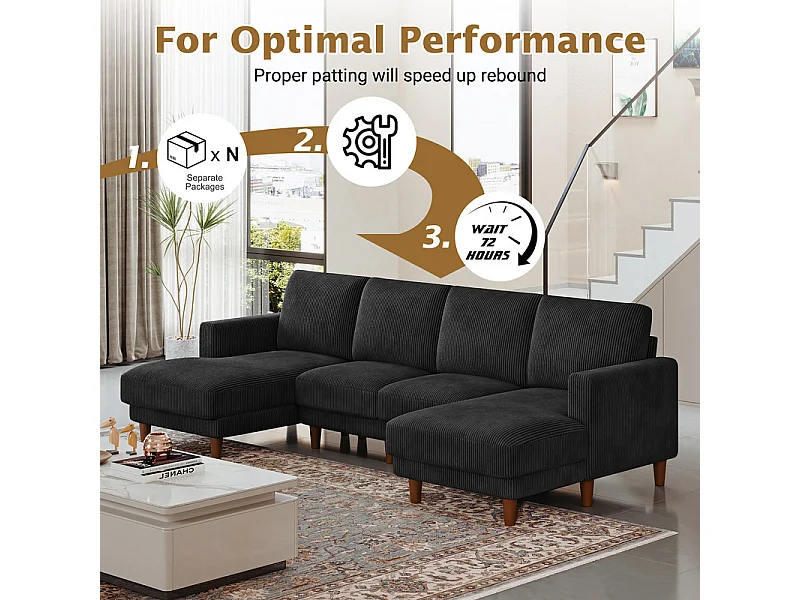 Gran sofá de esquina panorámico - 4 plazas - chaise longue 109cm - de pana - 269x140x86 - Negro