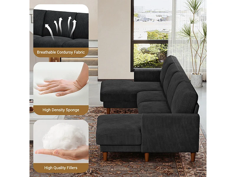 Gran sofá de esquina panorámico - 4 plazas - chaise longue 109cm - de pana - 269x140x86 - Negro