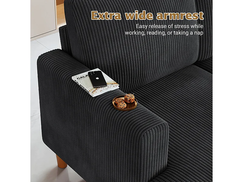 Gran sofá de esquina panorámico - 4 plazas - chaise longue 109cm - de pana - 269x140x86 - Negro