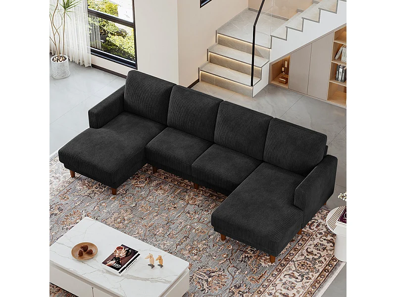 Gran sofá de esquina panorámico - 4 plazas - chaise longue 109cm - de pana - 269x140x86 - Negro