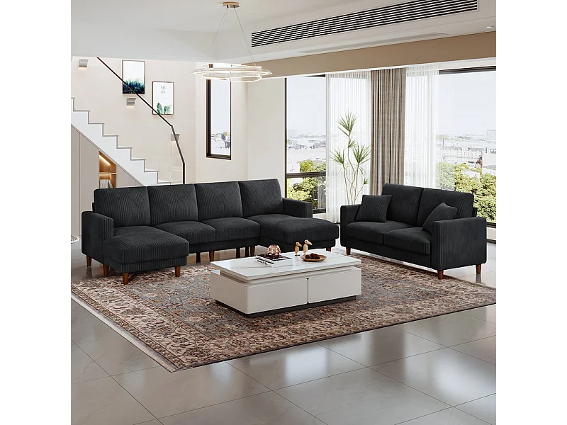 Gran sofá de esquina panorámico - 4 plazas - chaise longue 109cm - de pana - 269x140x86 - Negro
