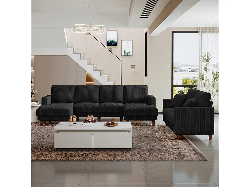 Gran sofá de esquina panorámico - 4 plazas - chaise longue 109cm - de pana - 269x140x86 - Negro