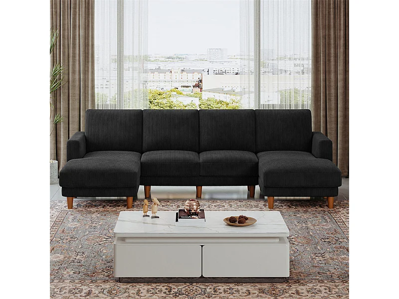 Gran sofá de esquina panorámico - 4 plazas - chaise longue 109cm - de pana - 269x140x86 - Negro