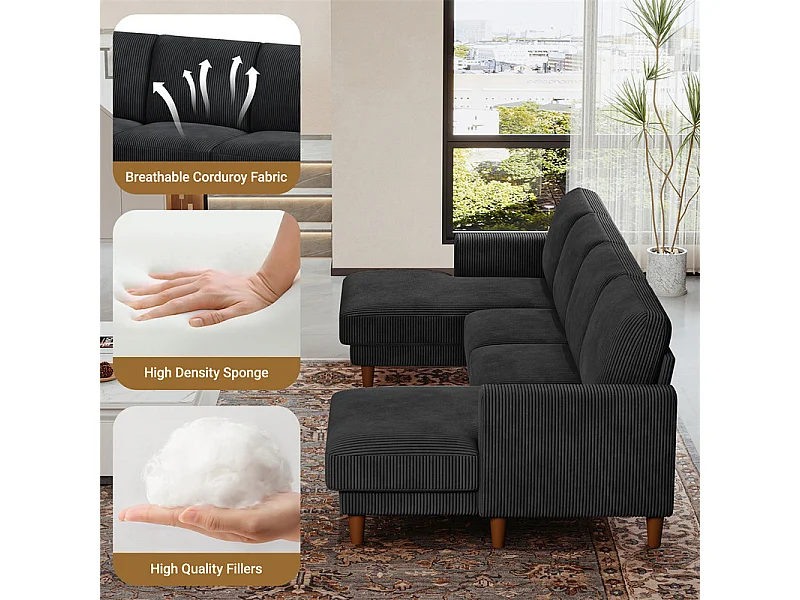 Gran sofá de esquina panorámico - 4 plazas - chaise longue 109cm - de pana - 269x140x86 - Negro