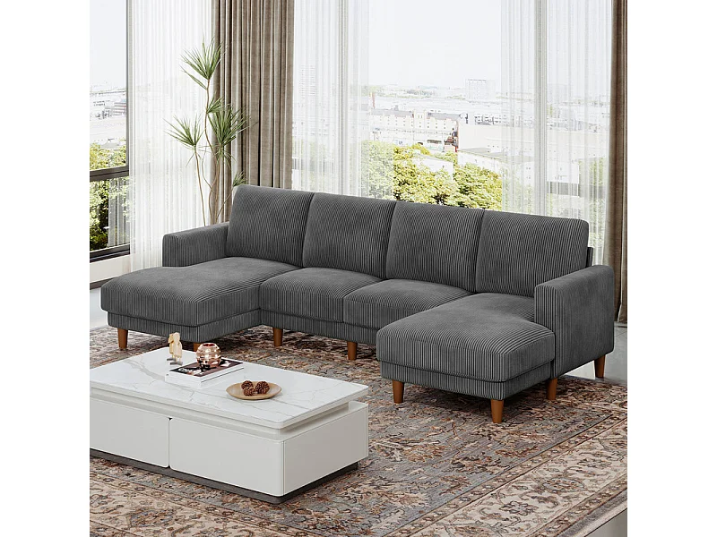 Grande sofá de canto panorâmico - 4 lugares - chaise longue 109cm - de veludo cotelê - 269x140x86 - Cinza